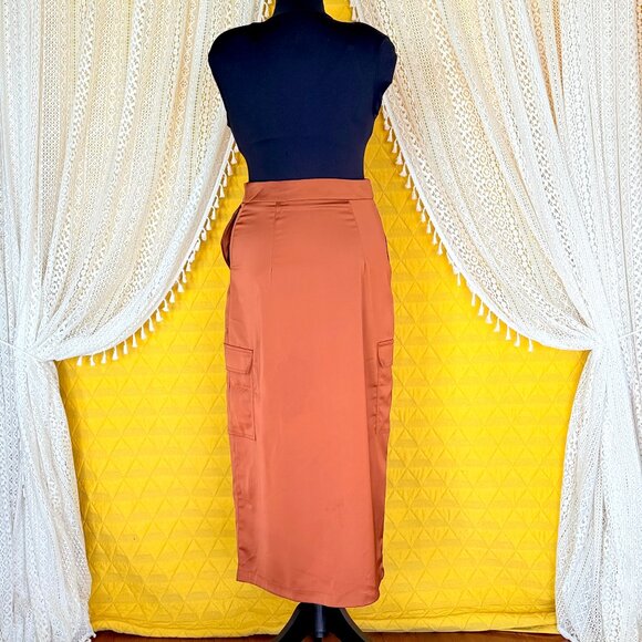 House of Harlow Brown Satin Cargo Midi Skirt Size Small - Picture 6 of 16